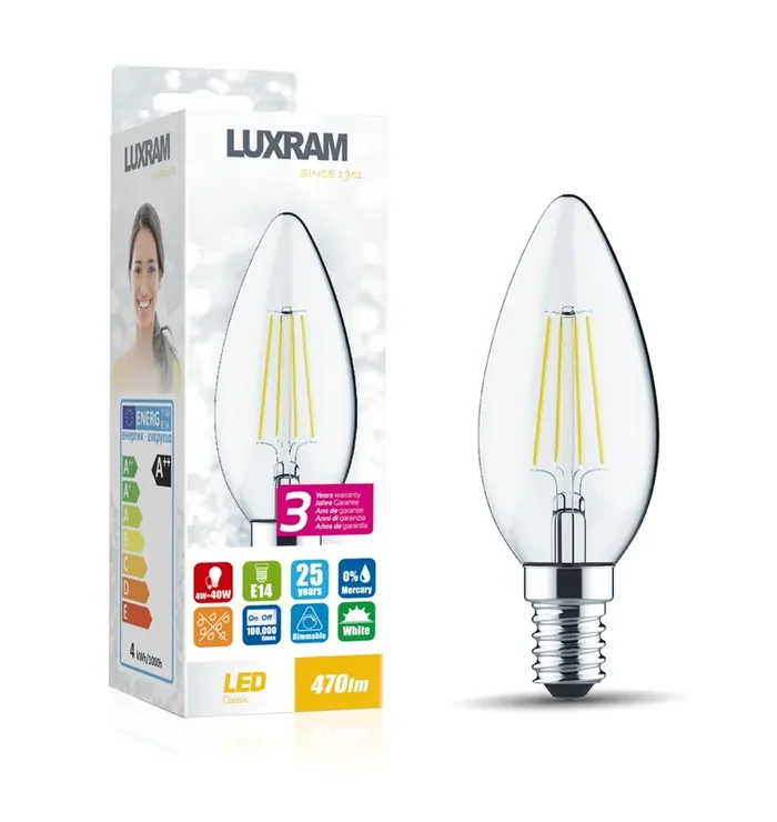 Luxram Value Classic LED Candle E14 Dimmable 4W 6000K Cool White, 470lm, Clear Finish, 3yrs Warranty • 763411231