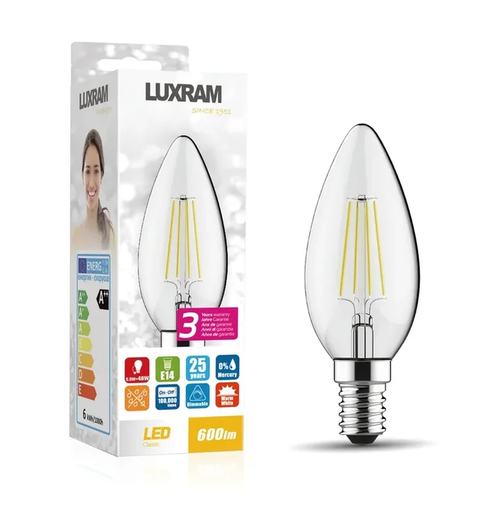 Luxram Value Classic LED Candle E14 Dimmable 5.5W 2700K Warm White, 600lm, Clear Finish, 3yrs Warranty • 763411243