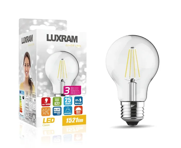 Luxram Value Classic LED GLS E27 Dimmable 12W 2700K Warm White, 1521lm, Clear Finish, 3yrs Warranty • 763131273