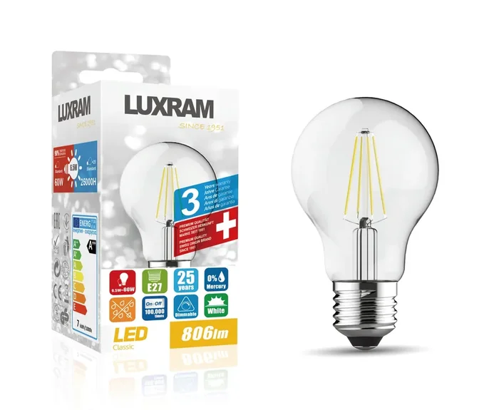 Luxram Value Classic LED GLS E27 Dimmable 6.5W Cool White 6000K, 806lm, Clear Finish, 3yrs Warranty • 1410114
