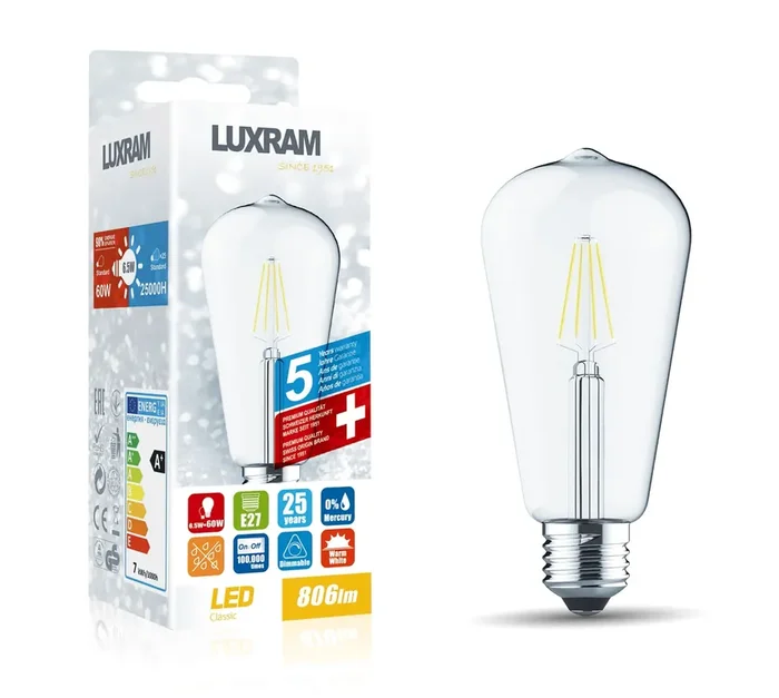Luxram Value Classic LED Rustica Tradition Tip ST64 E27 6.5W Dimmable 2700K Warm White Clear Finish, 3yrs Warranty • 1411491