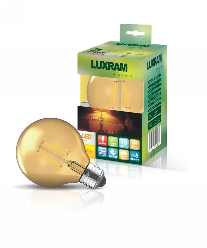 Luxram Value Vintage LED Globe 80mm E27 8W 2200K, 630lm, Gold Glass • 763626163