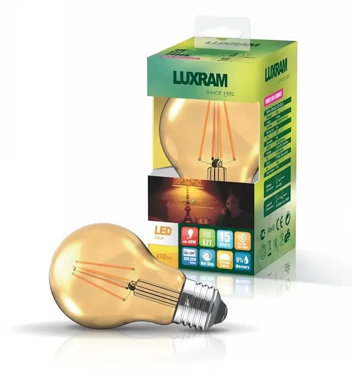 Luxram Vintage LED GLS E27 8W 2200K, 630lm, Gold Glass