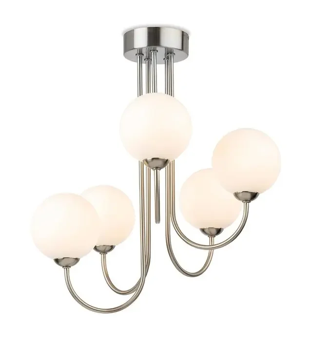 Lyndon 5 Light Brushed Steel with Opal White Glass Semi-Flush Ceiling Light – Clearance