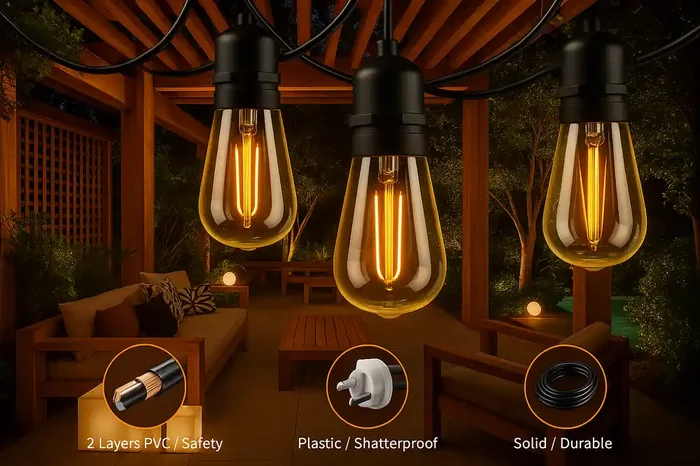 Mains Powered Festoon Garden lights with ST38 Bulbs