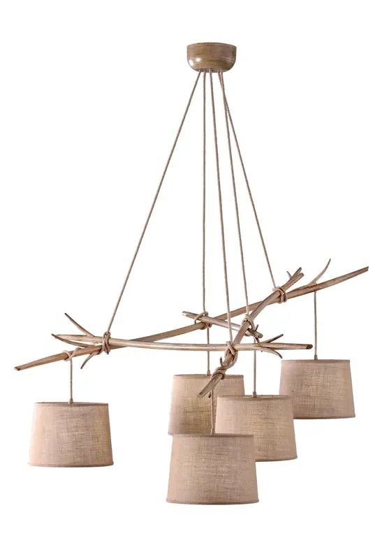 Mantra M6175 Sabina Pendant 5 x E27 (Max 40W), Imitation Wood, Linen Shade • M6175