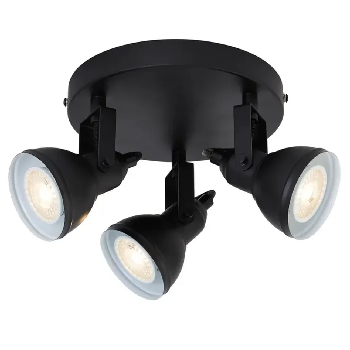Matt Black Vintage Round Plate 3 Lamp Dome Head Ceiling Spotlight 30cm