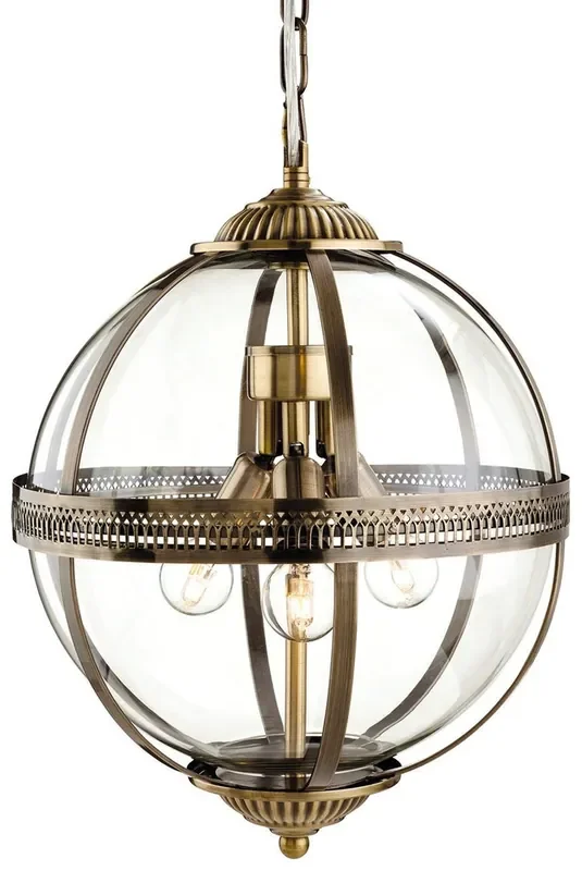 Mayfair 3 Light Antique Brass with Clear Glass Globe Pendant Light