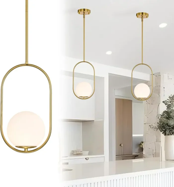 Mid Century Modern Globe Pendant Light Gold Glass Pendant Lighting Fixture for Kitchen Island, Dining Room & Bedroom – E14 Bulb