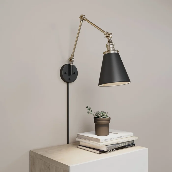 Millennium 10001-MB/VB Evonne One Light Swing Arm Wall Sconce, Matte Black/Vintage Brass