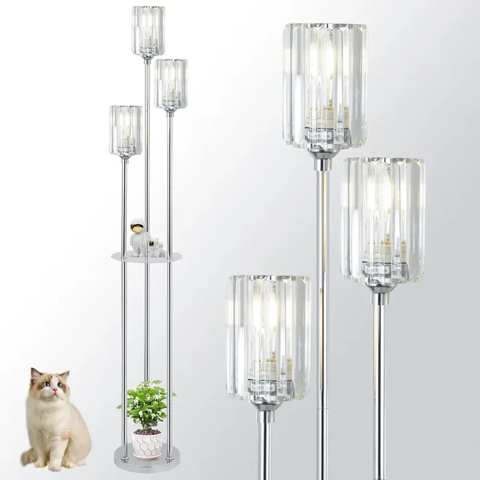 Modern Floor Lamps for Living Room, 3-Lights Crystal Floor Lamp with Shelves, Chrome Standing Lamp with Crystal Shades and Foot Switch
