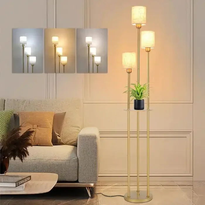 Modern Gold Floor Lamp with Shelves, 3-Lights LED Standing Lamp with Fabric Shade, Foot Switch, 166cm Tall Lamps for Living Room & Bedroom