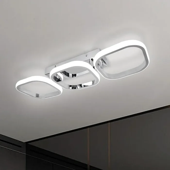 Modern LED Ceiling Light – Flush Mount 3 Squares Ceiling Lamp, 33W Cool White (6000K), Silver Chrome Close-to-Ceiling Fixture for Bedroom, Kitchen, Living Room, Hallway