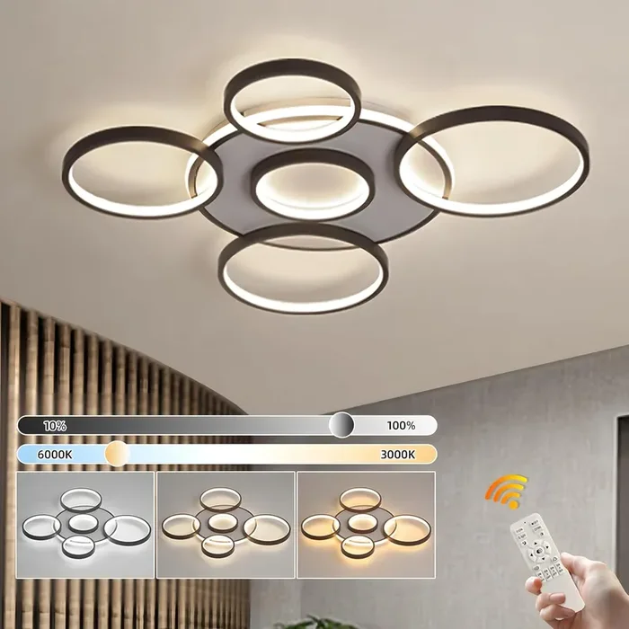 Modern LED Ceiling Light – Ø85cm 6-Ring Black Multi-Circle Chandelier, 86W, Stepless Dimmable 3000–6000K, 7500LM, Metal + Acrylic Flush Mount Lighting for Bedroom, Living Room, Kitchen, Office, Hallway