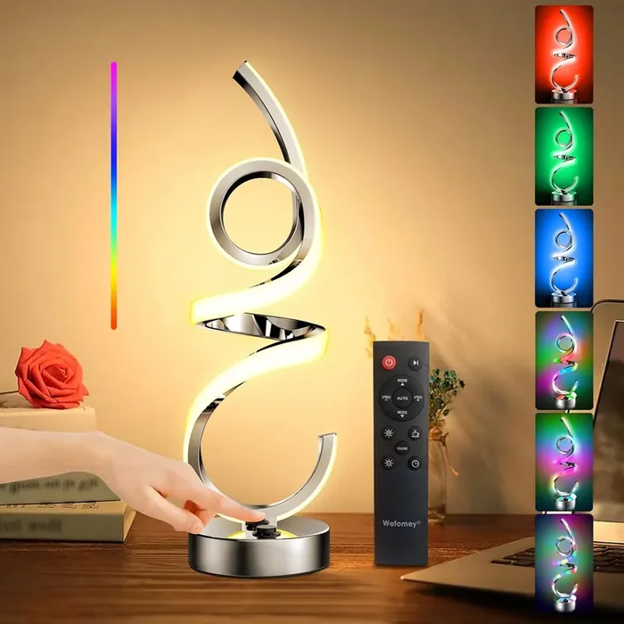 Modern RGBWIC Spiral Table Lamp, Rechargeable LED Nightstand Lamp with Remote Control, Color Changing Dimmable Bedroom Night Light, Portable Cordless Ambient Lamp for Living Room, Office, Home Decor