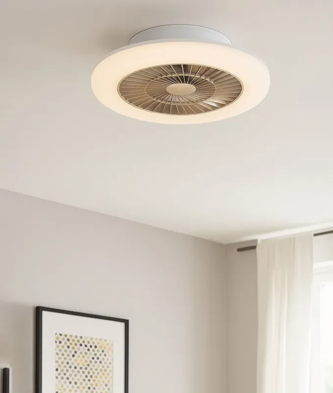 Modern Semi-Flush LED White Ceiling Light & Integrated Fan – Champagne Tones