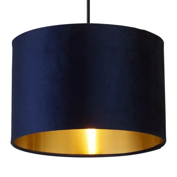Navy Blue Velvet Vintage Easy Fit Drum Shade with Gold Inner 30cm