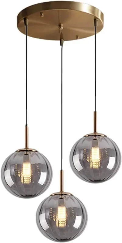 Nordic 3-Light Smoke Gray Globe Pendant Ceiling Light Modern E27 Hanging Lamp with 15cm Glass Shades for Dining, Kitchen & Loft