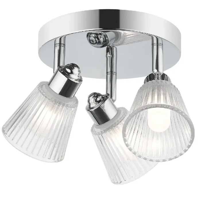 Polished Chrome & Ribbed Glass Vintage 3 Lamp Bathroom Ceiling Light IP44