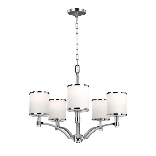 Prospect 5 Light Satin Nickel with White Shades Chandelier
