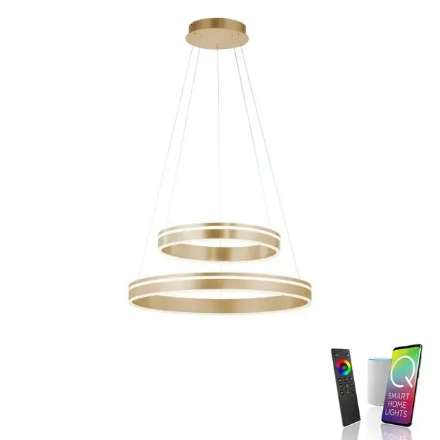 Q-Vito Matt Brass 59cm Twin Ringed Smart LED Pendant Light