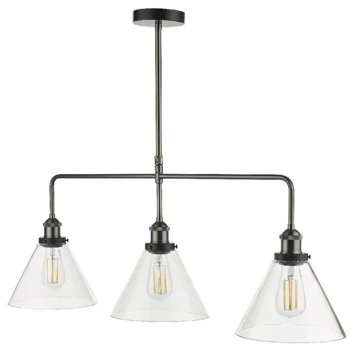 Ray Antique Nickel & Clear Conical Glass Vintage 3 Lamp Bar Pendant