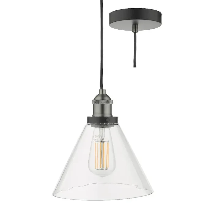 Ray Antique Nickel & Clear Conical Glass Vintage Pendant 23cm