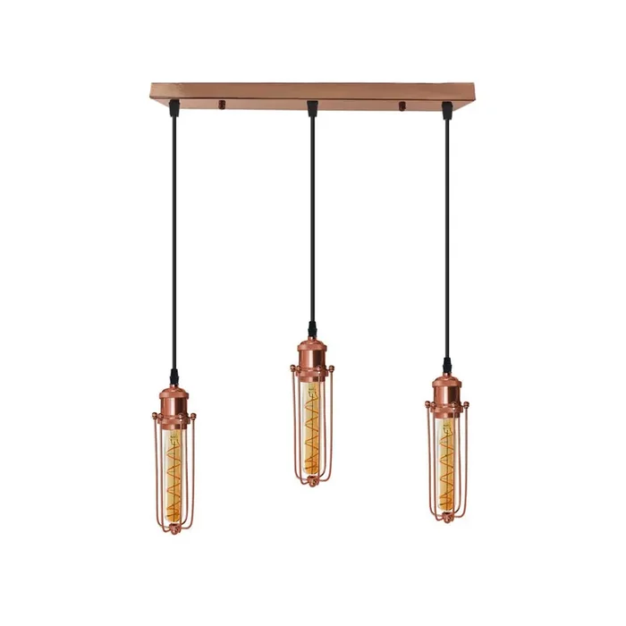 Rose Gold Long Wire Cage 3 Light Pendant – With Bulbs