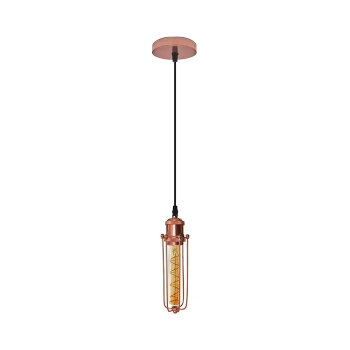 Rose Gold Long Wire Cage Pendant Light – With Bulb