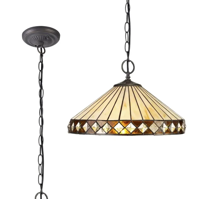 Rossi 2 Light Downlighter Pendant E27 With 40cm Tiffany Shade, Amber-Cream-Crystal-Aged Antique Brass