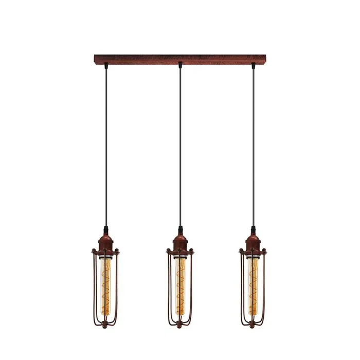 Rustic Red Long Wire Cage 3 Light Pendant – With Bulbs