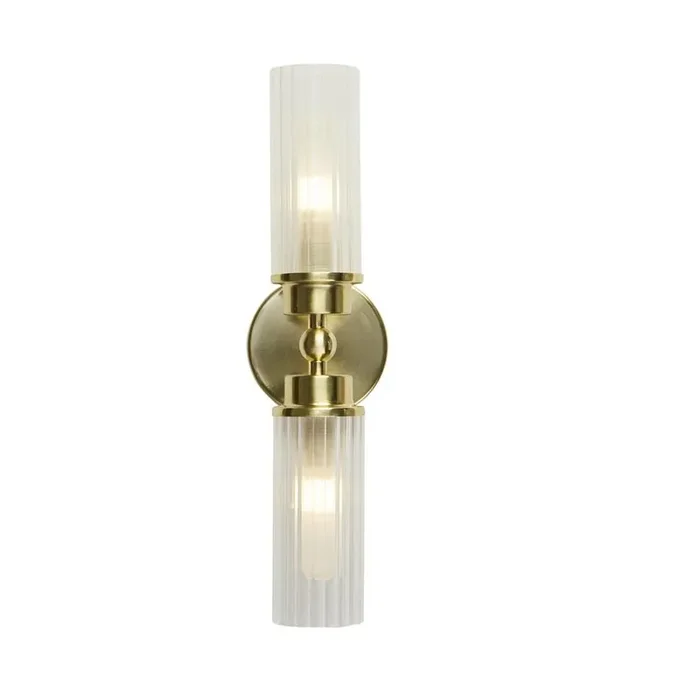 Satin Brass & Ribbed Glass Bathroom Vintage 2 Lamp Wall Light 370mm
