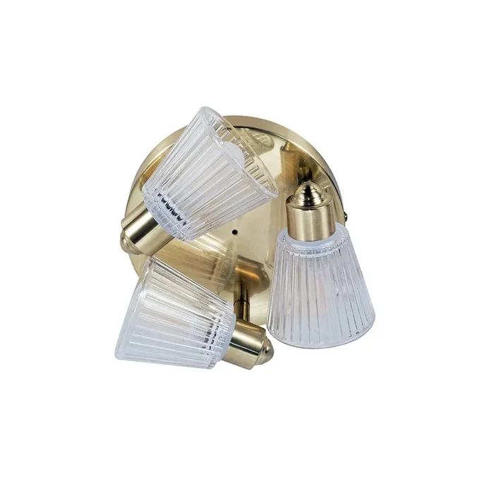 Satin Brass & Ribbed Glass Vintage 3 Lamp Bathroom Ceiling Light IP44