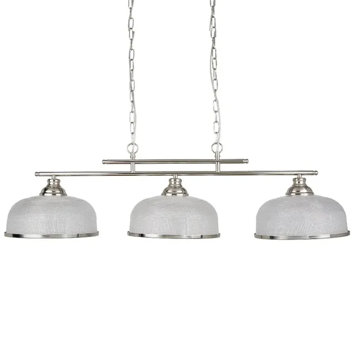 Satin Chrome & Holophane Glass Vintage Dome 3 Lamp Bar Pendant 99cm