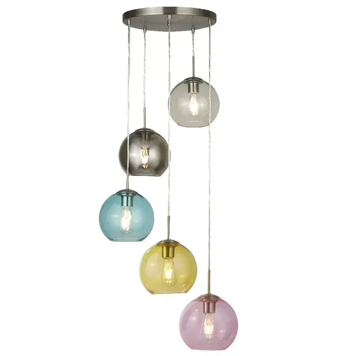 Satin Chrome & Multicolour Dome Globe Glass Modern 5 Lamp Cluster Pendant 50cm
