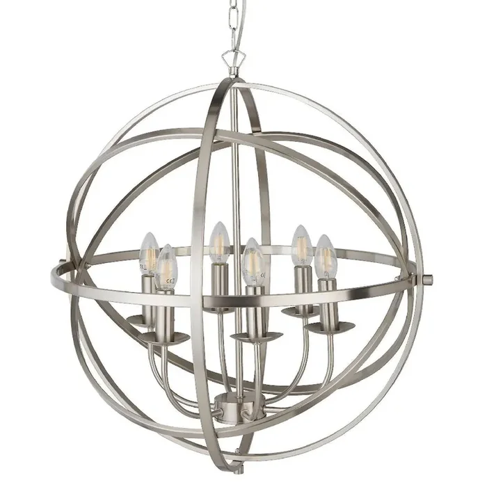 Satin Chrome Metal Banded Sphere Vintage 6 Lamp Pendant Light 60cm