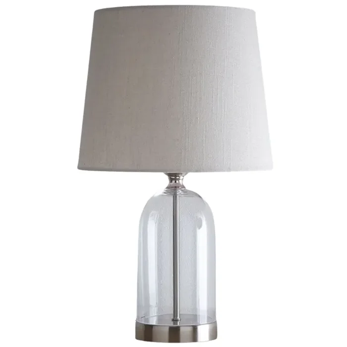 Satin Nickel & Clear Glass Bell Jar Table Lamp with Natural Linen Shade 48cm
