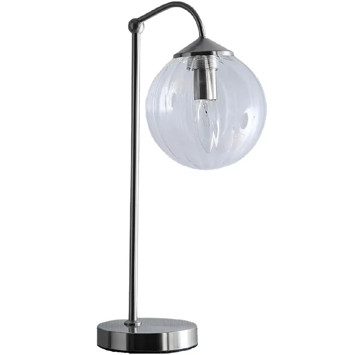 Satin Nickel Modern Arch Table Lamp with Clear Ribbed Glass Globe 38cm