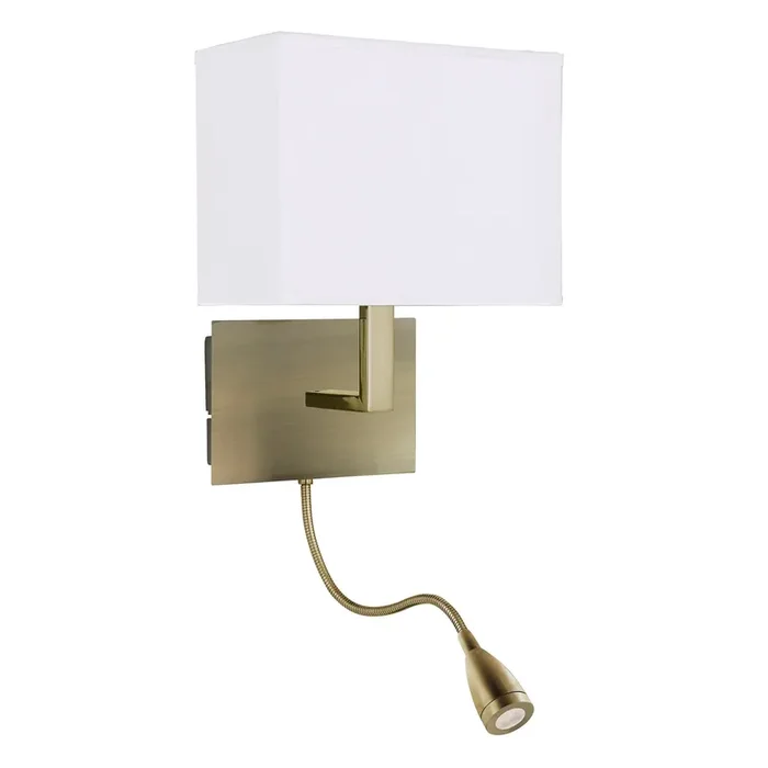 Searchlight Hotel Wall Light Adjustable – 2Lt W/Bracket, Led Flexi Arm, Antique Brass, White Shade • 6519AB