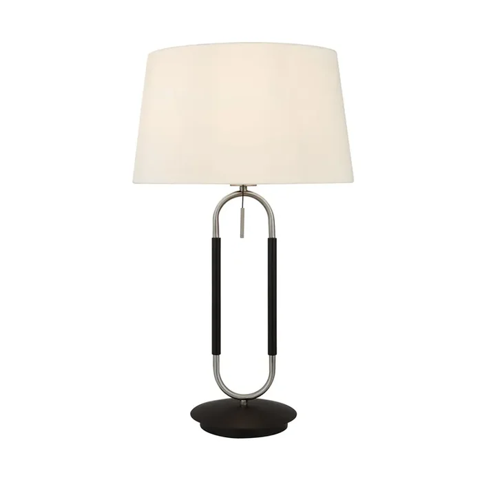 Searchlight Jazz 1Lt Table Lamp, Satin Silver And Black, White Velvet Shade. Pull Switch • 41431SS