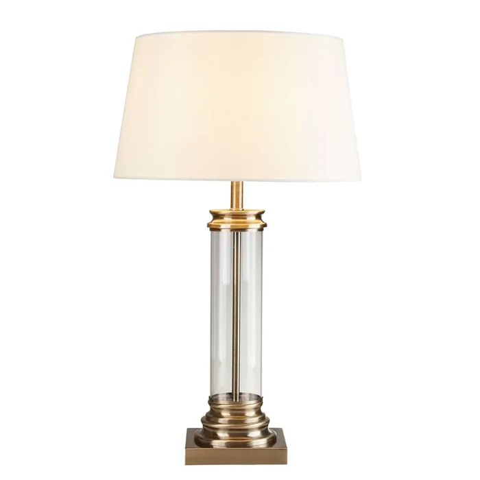 Searchlight Pedestal Table Lamp – Glass Column & Antique Brass Base, Cream Shade • 5141AB
