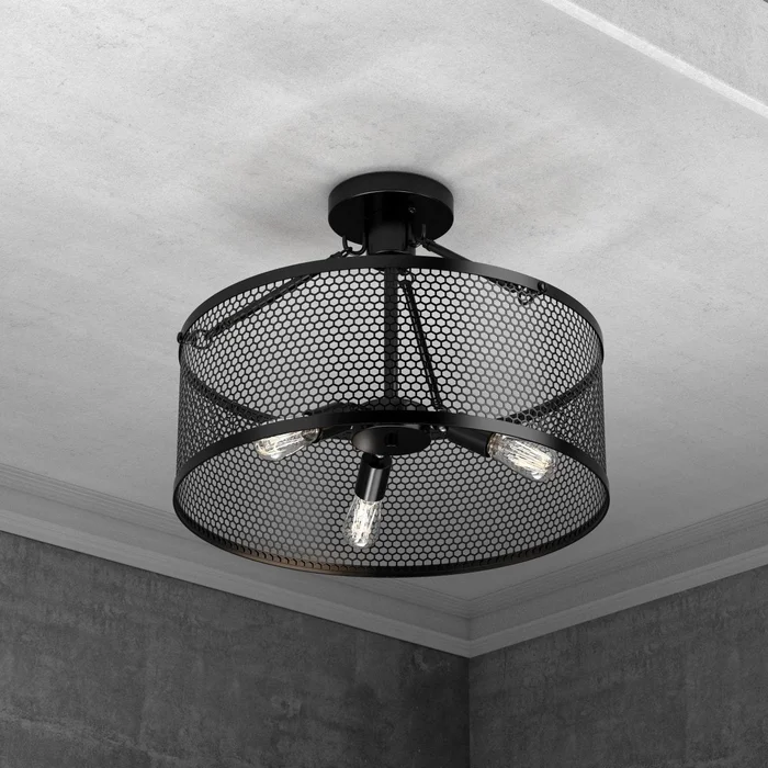 Semi Flush Mount Ceiling Lights, Drum Shape, Steel Cage Matte Black Finish, E26 Base, UL Listed, 3 Years Warranty – Matte Black