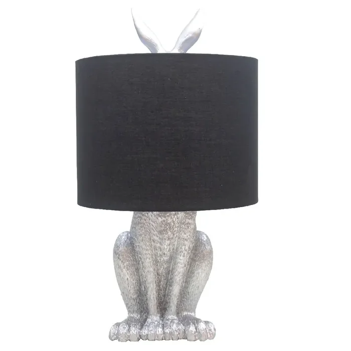 Silver Resin Hiding Hare Table Lamp with Black Drum Shade 46cm