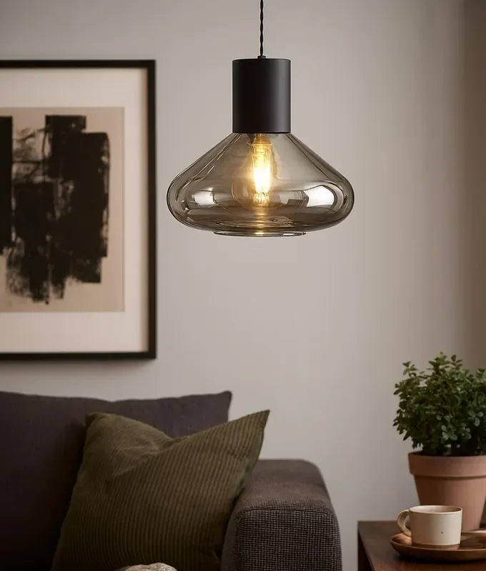 Smoked Glass Pendant with Black Ceiling Rose & Flex