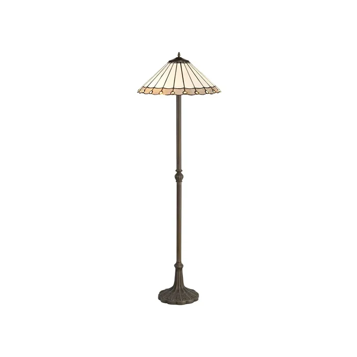 Solana 2 Light Leaf Design Floor Lamp E27 With 40cm Tiffany Shade, Grey-Cream-Crystal-Aged Antique Brass