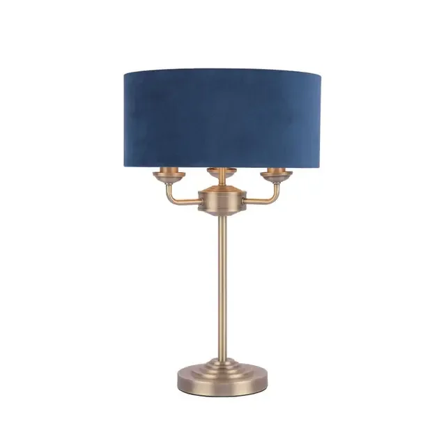Sorrento 3 Light Matt Antique Brass with Blue Shaded Table Lamp