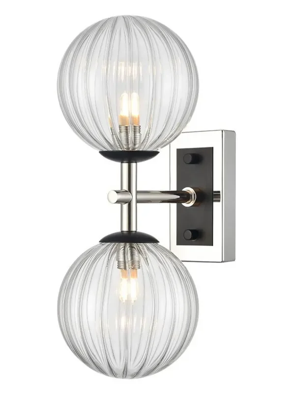 Stellar 2 Light Matt Black and Polished Nickel with Clear Ribbed Sphere IP44 Bathroom Wall Light