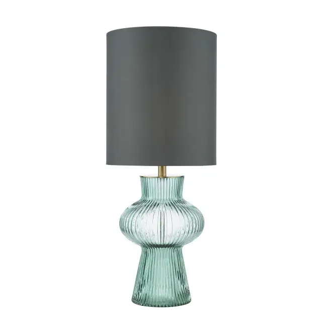 Suelita Antique Brass and Green Glass with Grey Shade Table Lamp