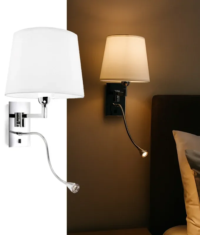 Switched Chrome Bedside Wall Light – LED Reader & Off-White Shade