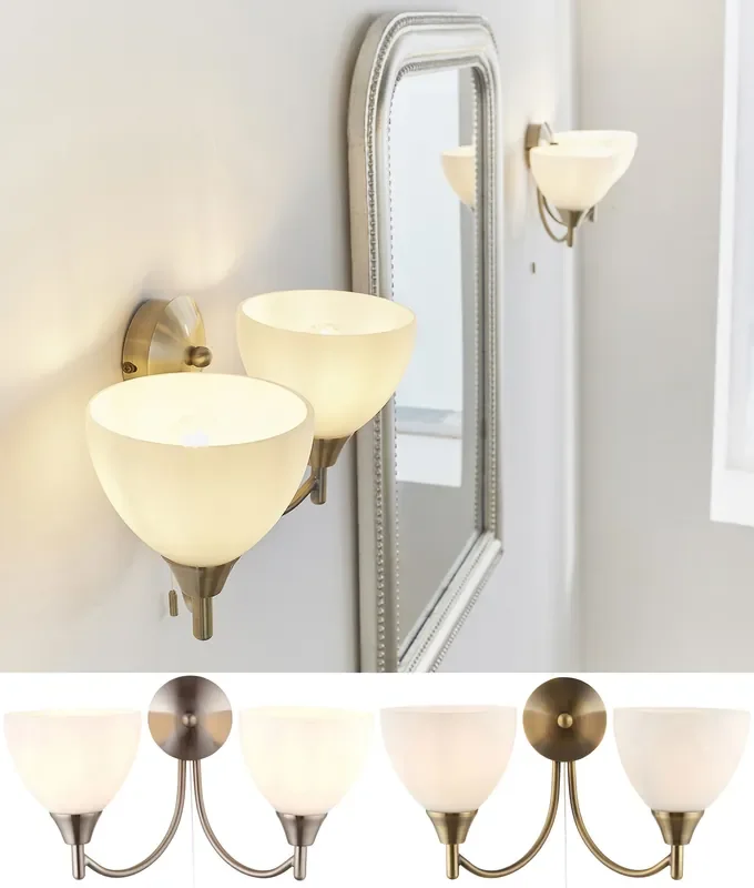 Switched Twin Arm Wall Light With Opal Glass Shades